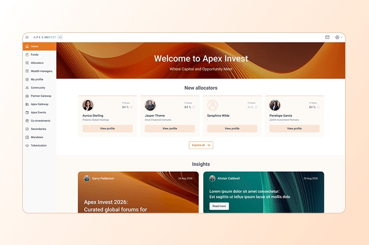 Apex invest.io desktop homepage